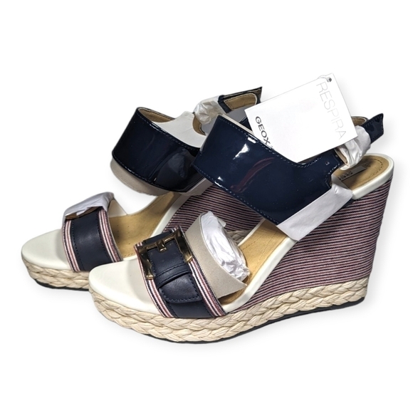 Geox Shoes - GEOX Wedges Sandals Patent Leather Braided  Donna Janira Navy Red Stripe NIB NEW